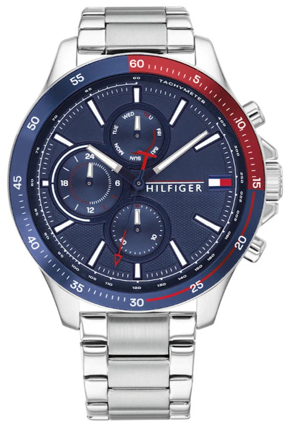 Montre Chronographe Tommy Hilfiger Bank pour Homme - Cadran Bleu et Bracelet en Acier Argenté