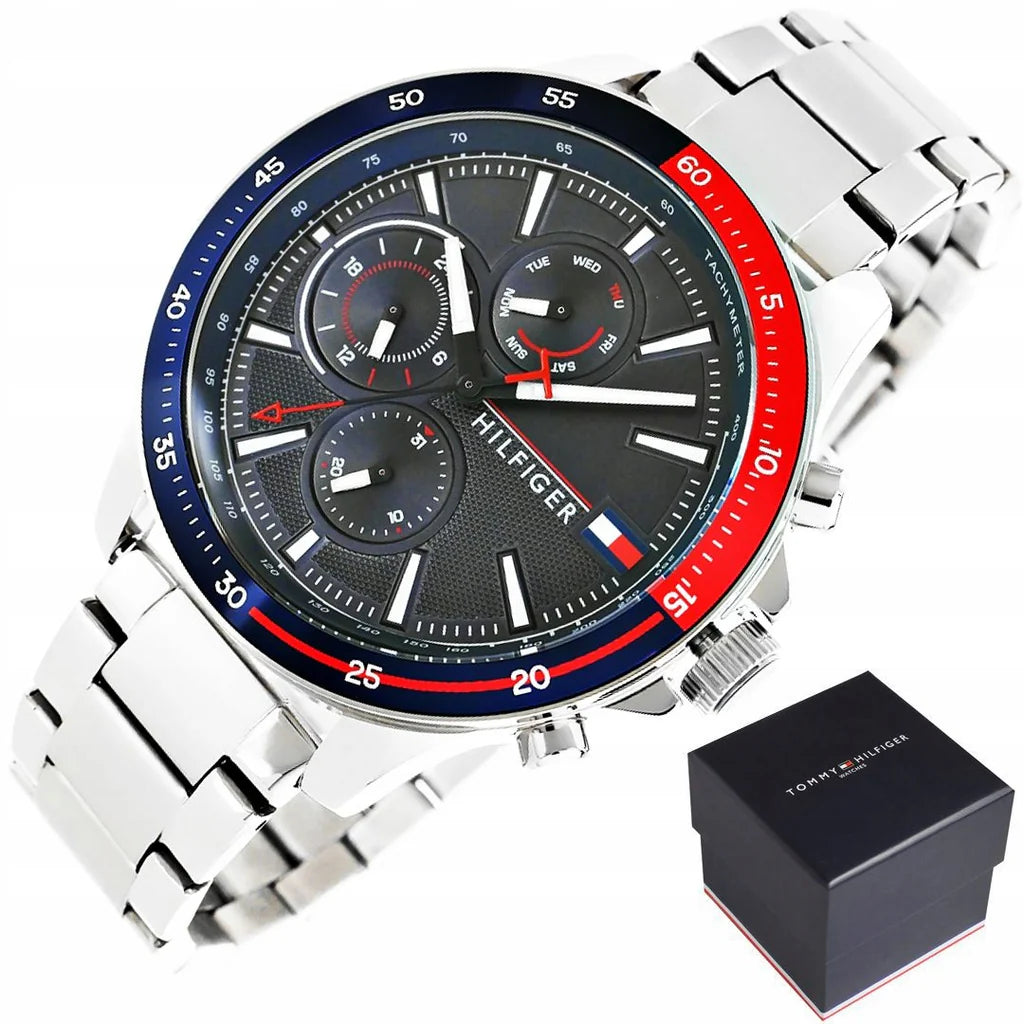 Montre Chronographe Tommy Hilfiger Bank pour Homme - Cadran Bleu et Bracelet en Acier Argenté