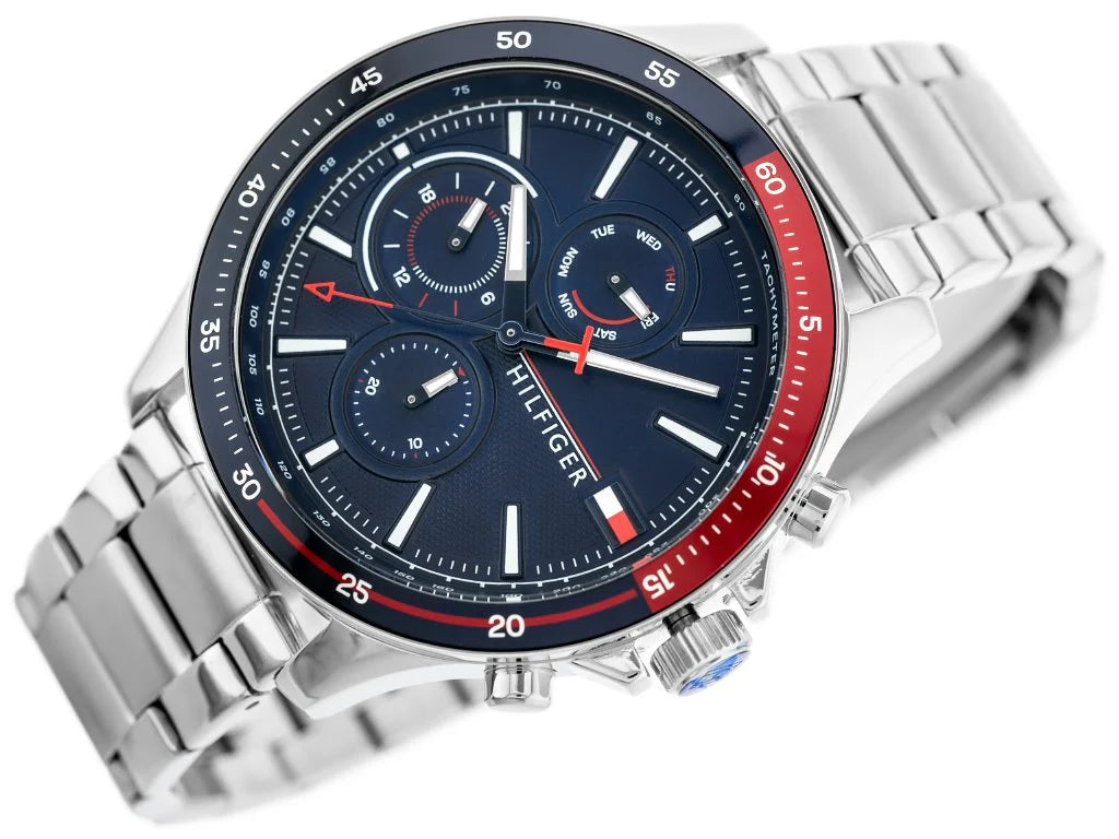 Montre Chronographe Tommy Hilfiger Bank pour Homme - Cadran Bleu et Bracelet en Acier Argenté