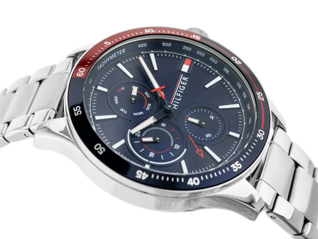 Montre Chronographe Tommy Hilfiger Bank pour Homme - Cadran Bleu et Bracelet en Acier Argenté